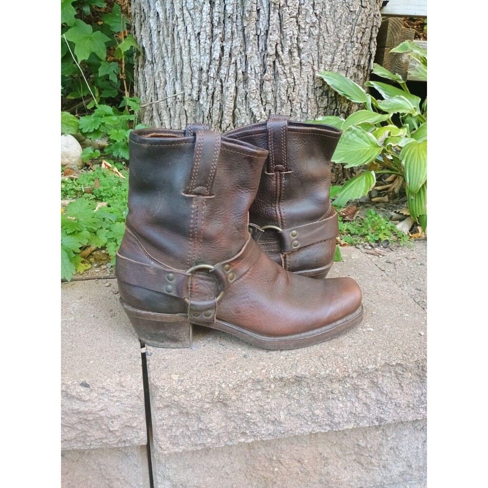 Frye Brown Leather Harness Square Toe Boot Women's sz 10 Moto Equestrian Western